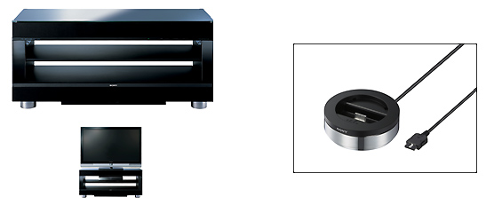 シアタースタンドシステム 『RHT-G900』　(左上)
デジタルメディアポートアダプター『TDM-NW10』　（右）〈ブラビア〉、
ブルーレイディスクレコーダーとの組み合わせ例　(左下)