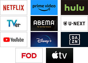 NETFLIX PrimeVideo hulu TVer Abema U-NEXT YouTube Disney+ DAZN Spotify FOD AppleTV