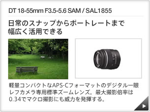 DT 18-55mm F3.5-5.6 SAM / SAL1855 ｜ 日常のスナップからポートレートまで幅広く活用できる ｜ 軽量コンパクトなAPS-Cフォーマットのデジタル一眼レフカメラ専用標準ズームレンズ。最大撮影倍率は0.34でマクロ撮影にも威力を発揮する。