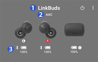 Headphones Connectの画面キャプチャ画像 画像の中に3つの数字があり、1はWF-1000XM4と表示されている 2はBluetooth接続コーデック名のLDACと表示されている 3は97%、100%、90%と3つの電池残量が表示されている