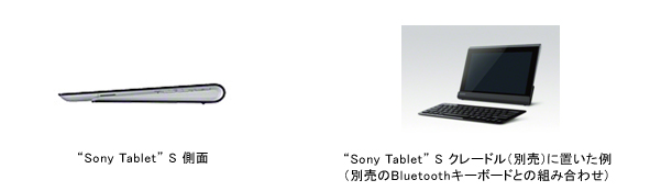 “Sony Tablet” S 側面／“Sony Tablet” S クレードル（別売）に置いた例（別売のBluetoothキーボードとの組み合わせ）