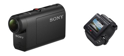 デジタルHDビデオカメラレコーダー　アクションカム『HDR-AS50』（左）と新ライブビューリモコン（付属ベルトとの組み合わせ）（右）