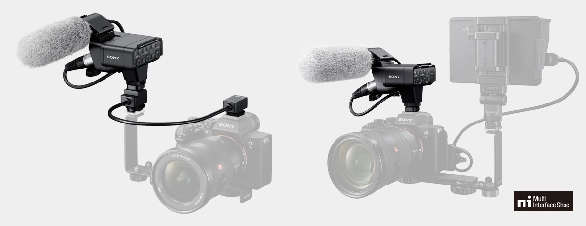 左：付属のオーディオ延長ケーブル装着時、右：カメラのマルチインターフェースシューに装着時