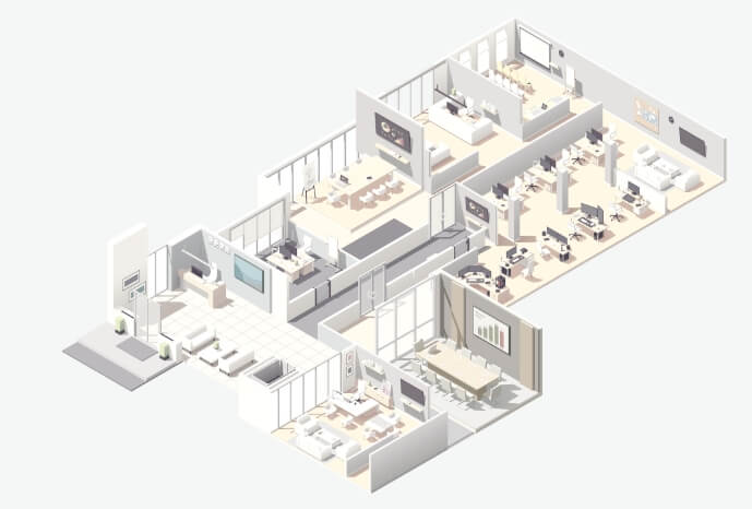 さまざまな空間に最適なソニーのソリューションを導入したオフィス全体を描いたイラストレーション