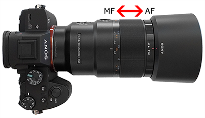 レンズをカメラ側に動かすとMF。レンズを外側に動かすとAFに切り替えるイメージ